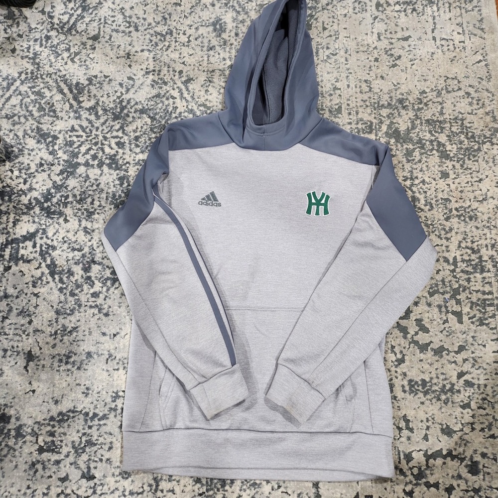 Adidas Mens Large Hoodie Gray Fleece Sweatshirt HY Logo 3 Stripe Pullover L